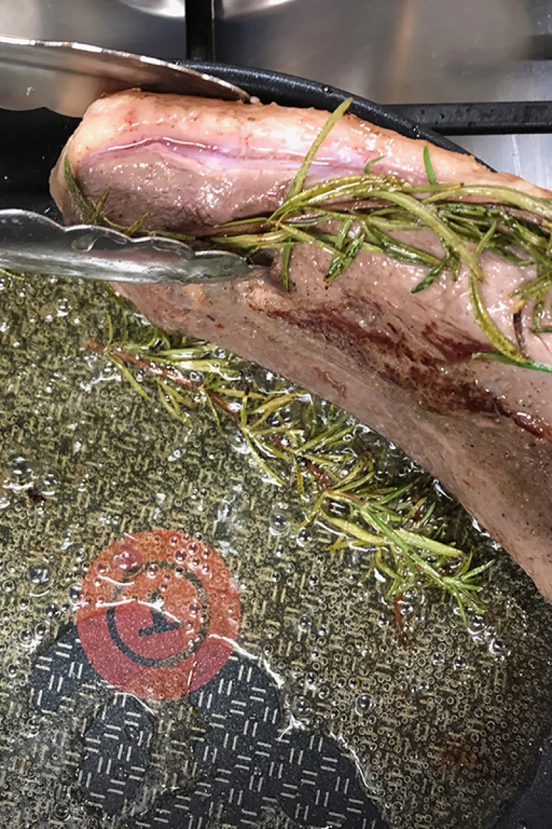 Searing the duck breast on both sides
