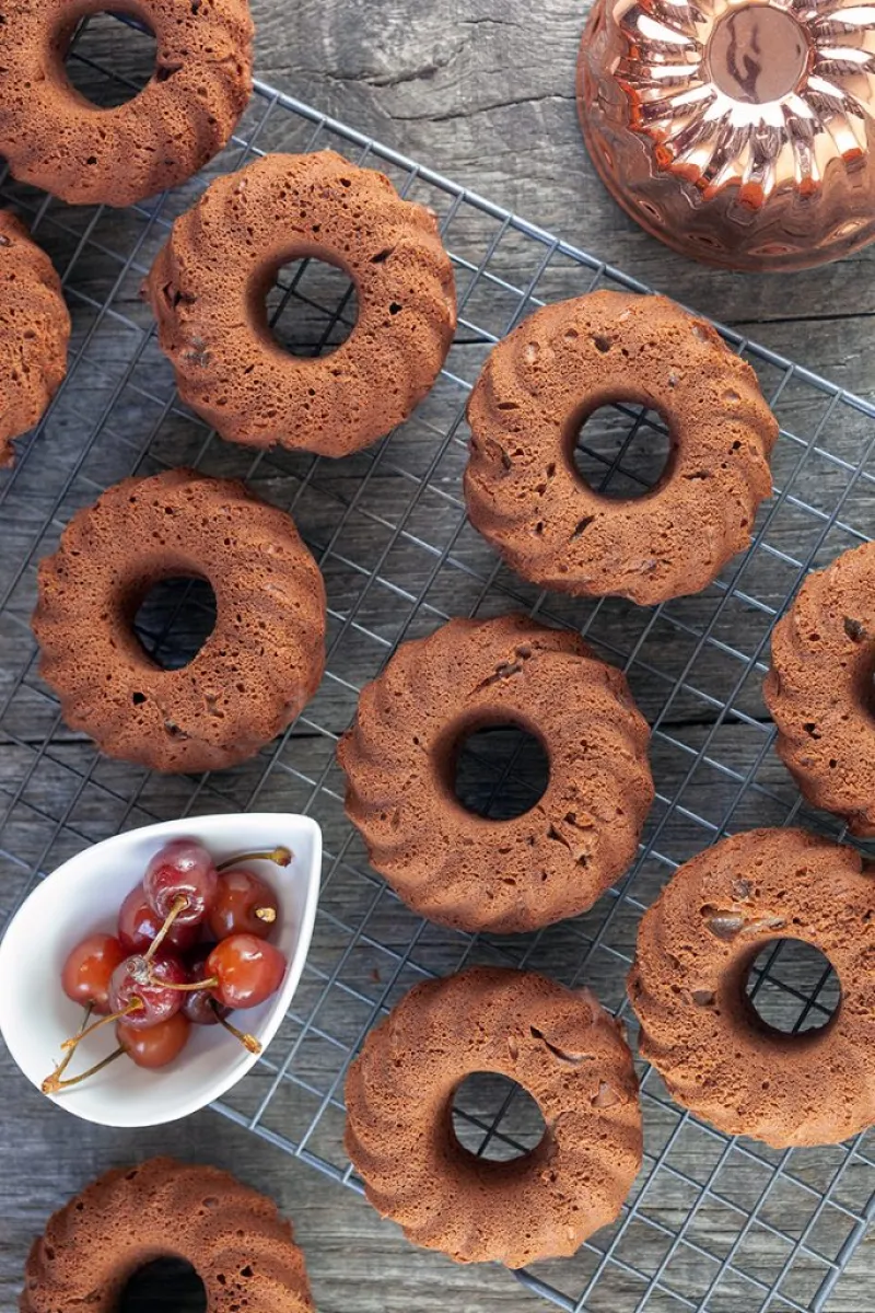 Mini chocolate and cherry bundt cakes