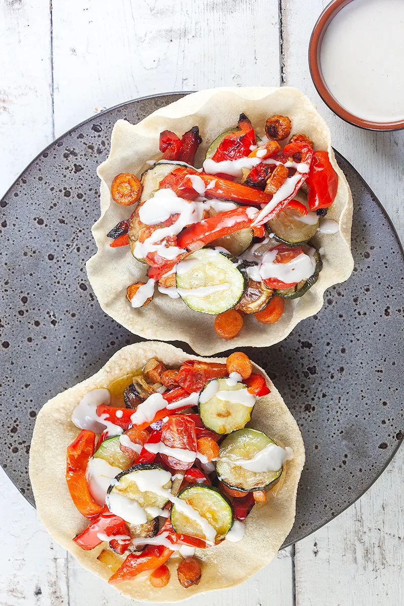 Roasted vegetables and tahini sauce poppadoms