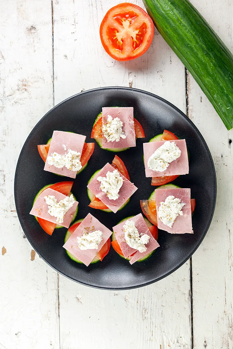 Ham and herbed cheese cucumber bites