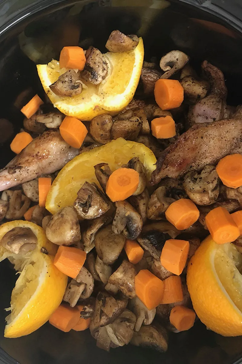 Slow cooker rabbit and orange stew preparation
