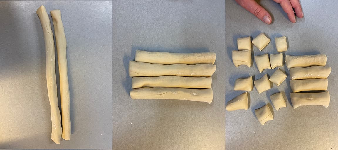 Dividing the gyoza dough into equal pieces