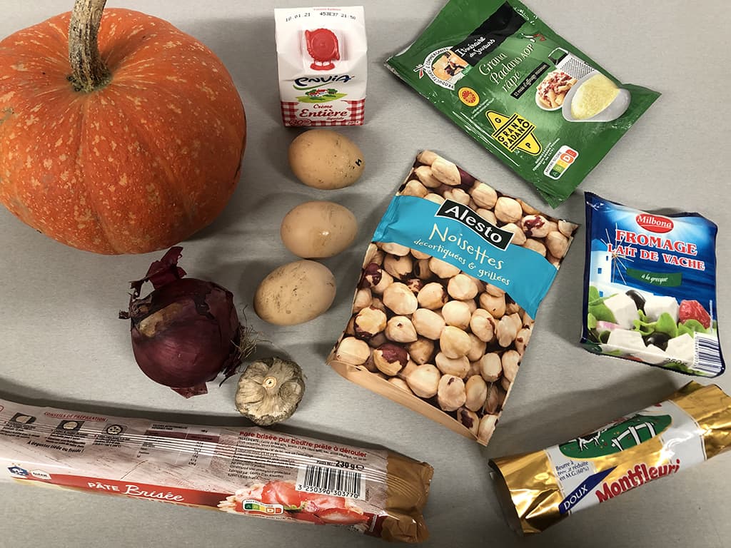 Pumpkin and feta quiche ingredients