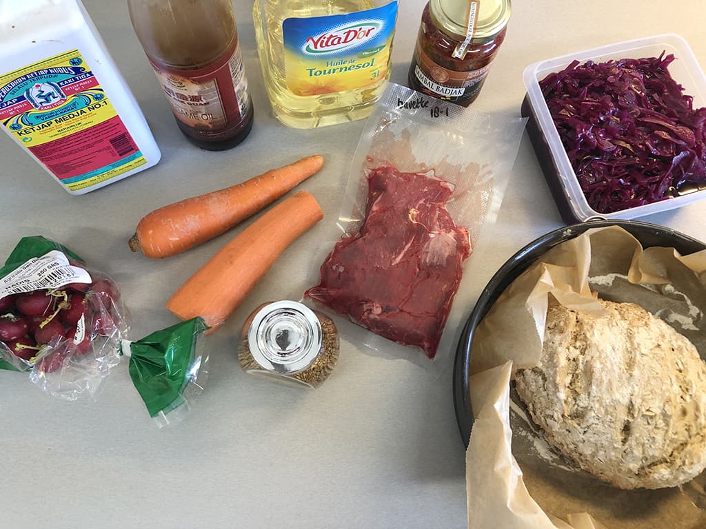 Steak and red cabbage sandwich ingredients