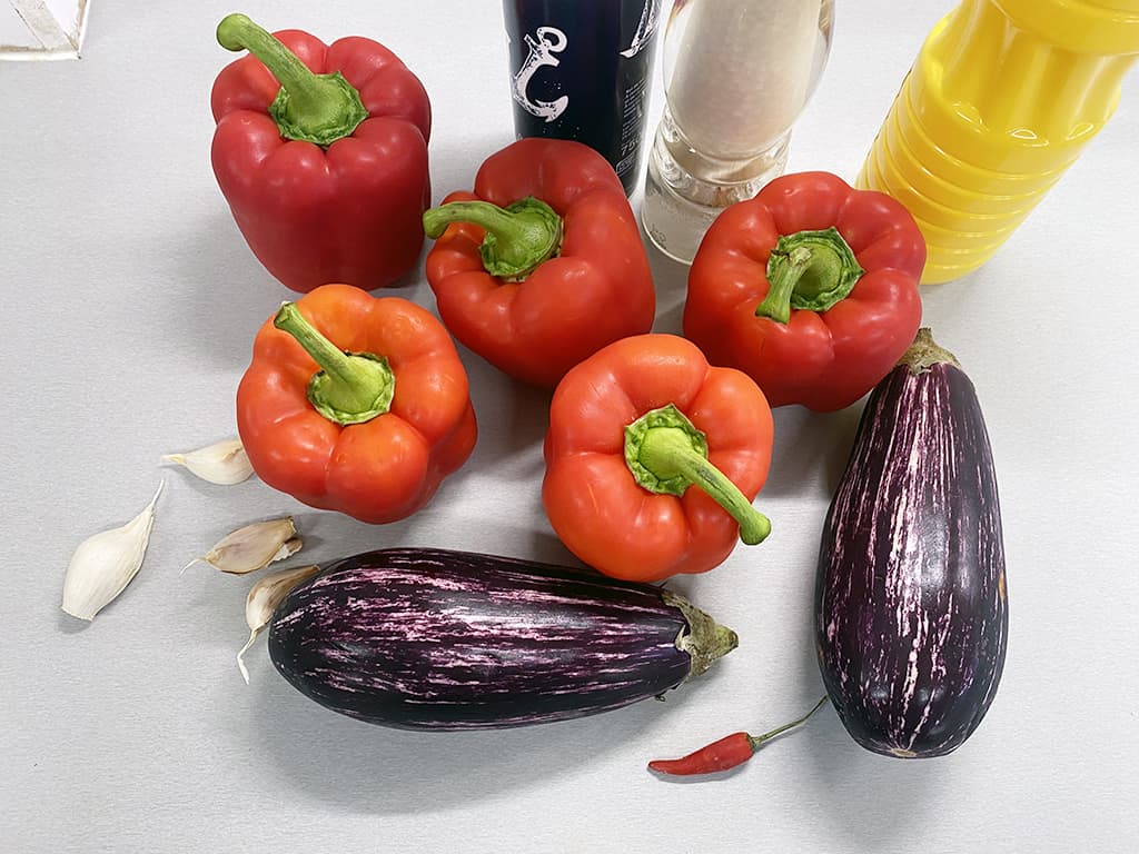 Ajvar (red pepper and aubergine sauce) ingredients