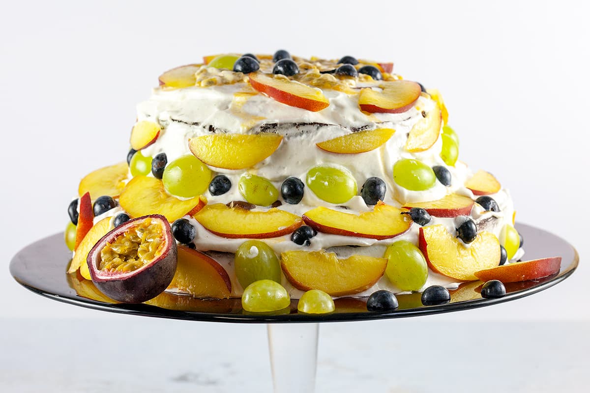 Fruit cake with whipped cream