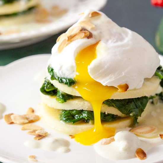 Spinach and poached egg towers