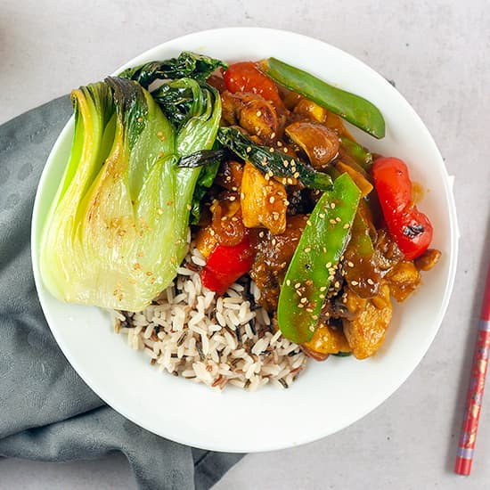 Sweet and sour chicken with bok choy and mango