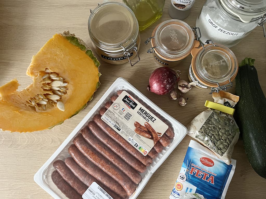 Pumpkin and merguez sausage traybake ingredients