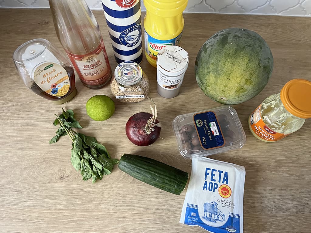 Watermelon and feta salad ingredients