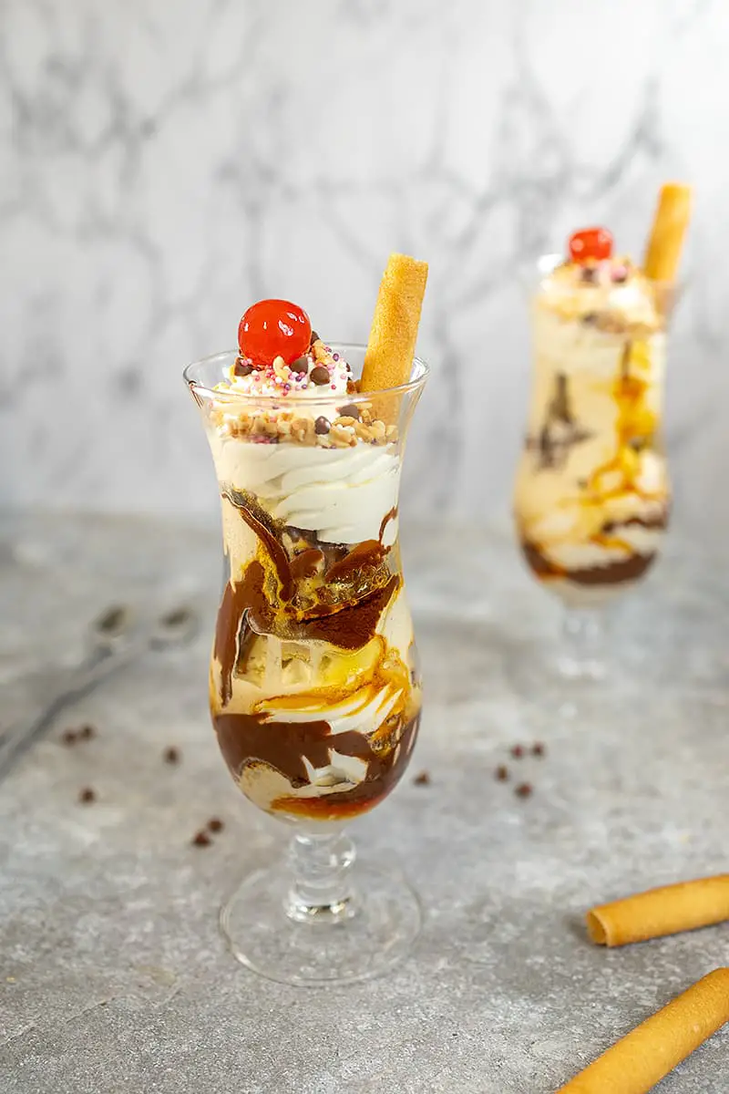 Chocolate and caramel ice cream sundae