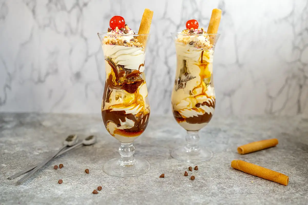 Chocolate and caramel ice cream sundae