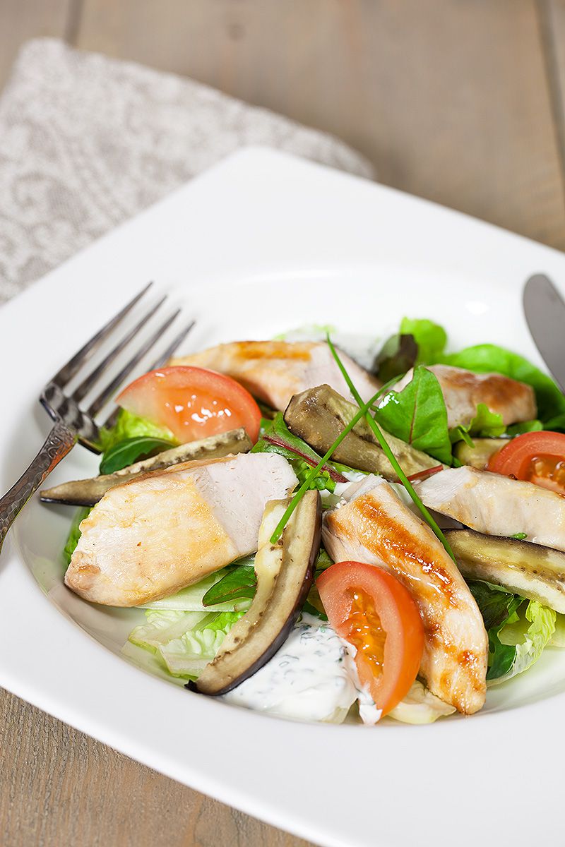 Chicken and roasted aubergine salad