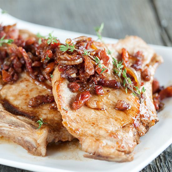 Pork chops with bacon and caramelised onions