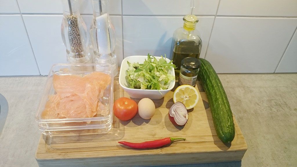 Salmon, caper and egg salad ingredients