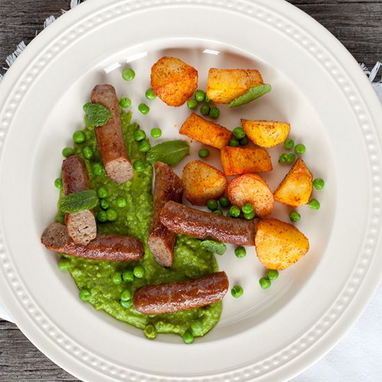 Lamb sausages with minted pea puree