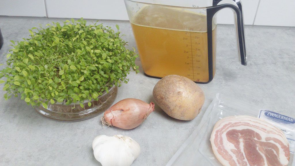 Roasted garlic and watercress soup ingredients