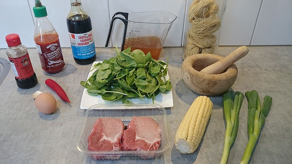 Pork ramen noodle soup ingredients