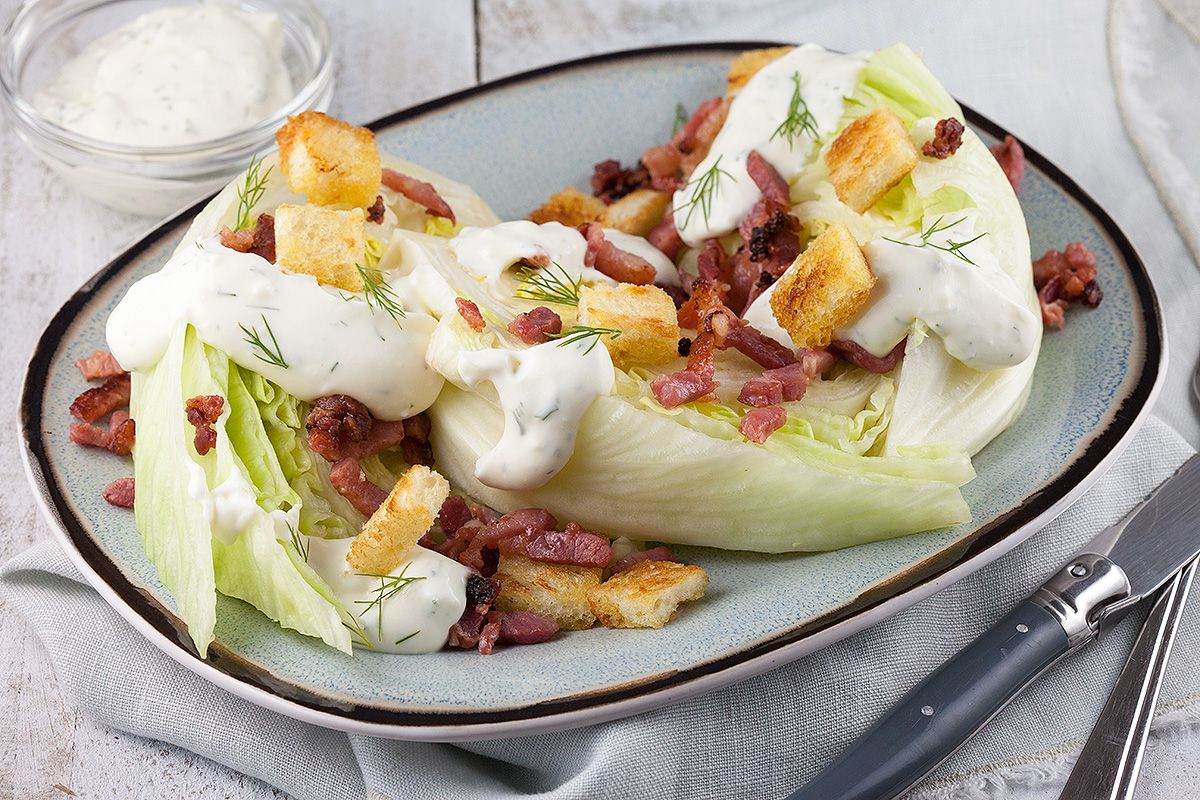 Iceberg quarters with grilled bacon and croutons