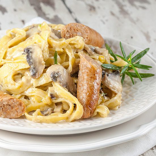 Creamy mushroom pasta with chipolata sausages