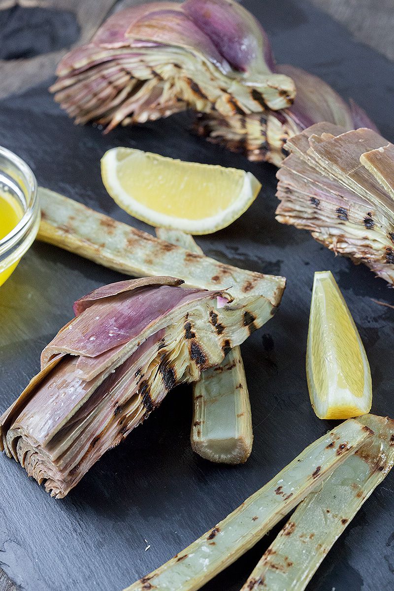 Grilled artichokes and stems with lemon butter sauce