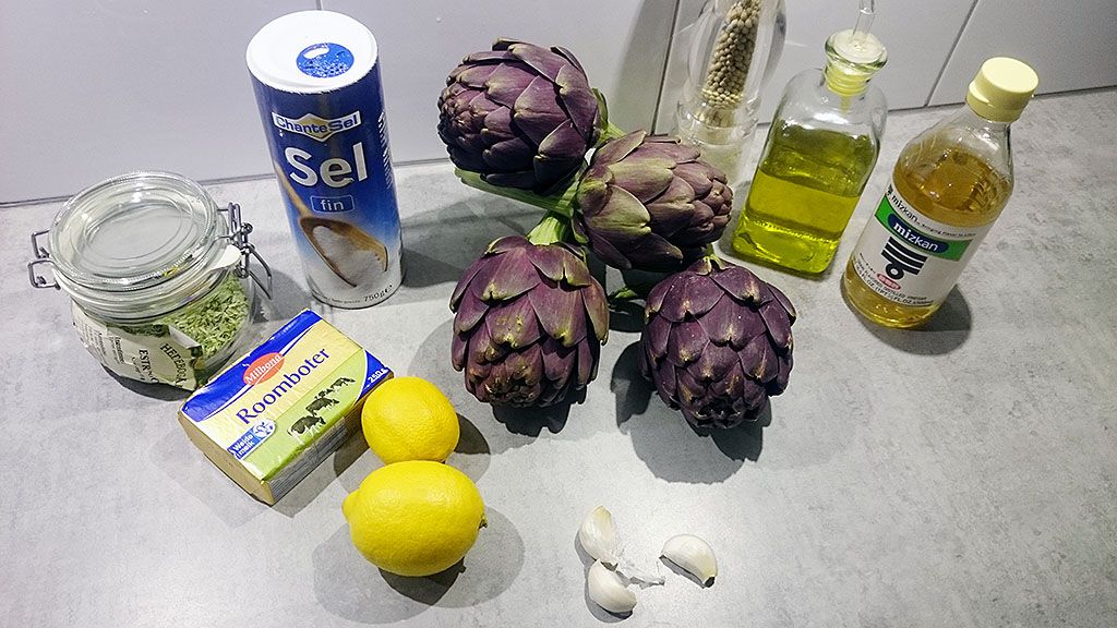 Grilled artichokes and stems with lemon butter sauce ingredients