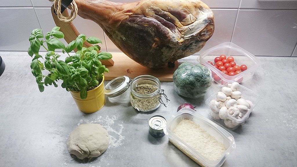 Serrano ham broccoli and basil pizza ingredients