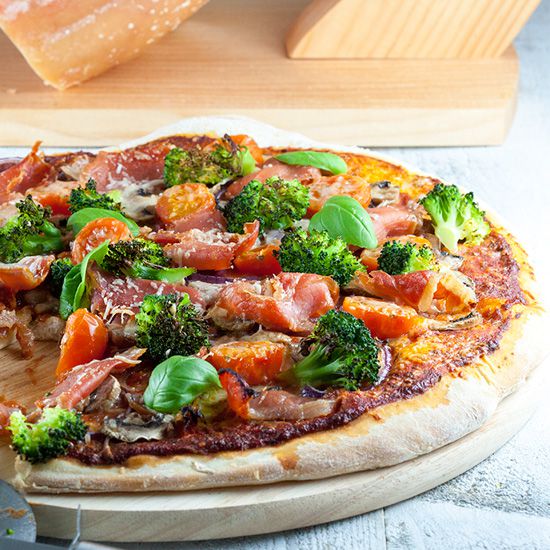 Serrano ham broccoli and basil pizza