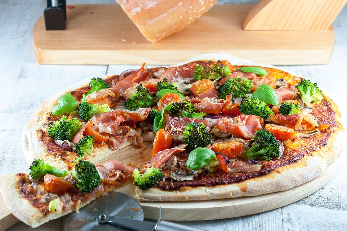 Serrano ham broccoli and basil pizza
