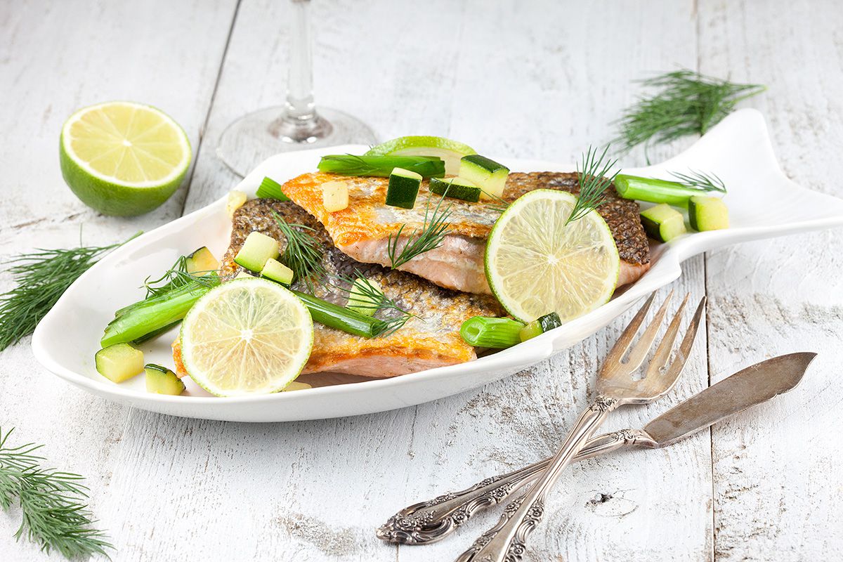 Skin baked salmon with scallions and lime