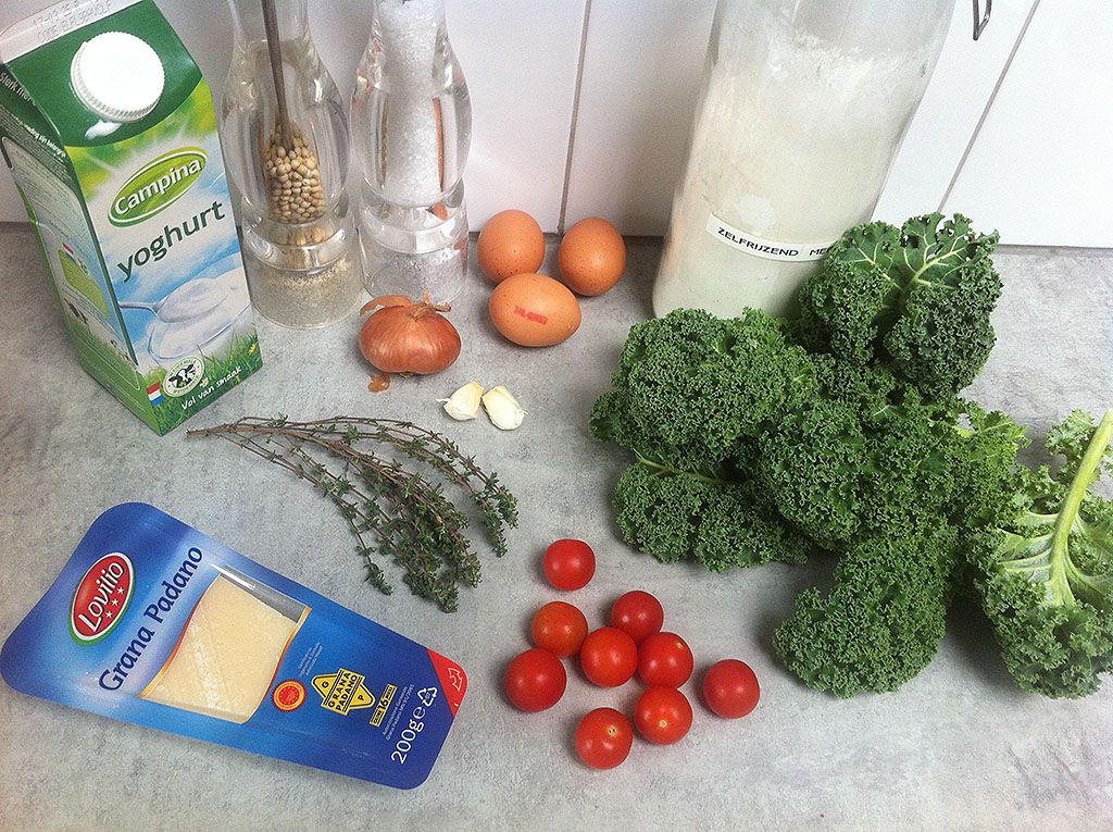 Vegetarian kale and cherry tomato pie ingredients