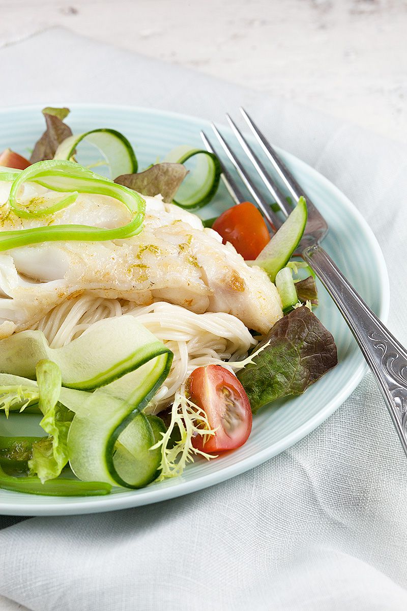 Cod, flat beans and noodle spring salad