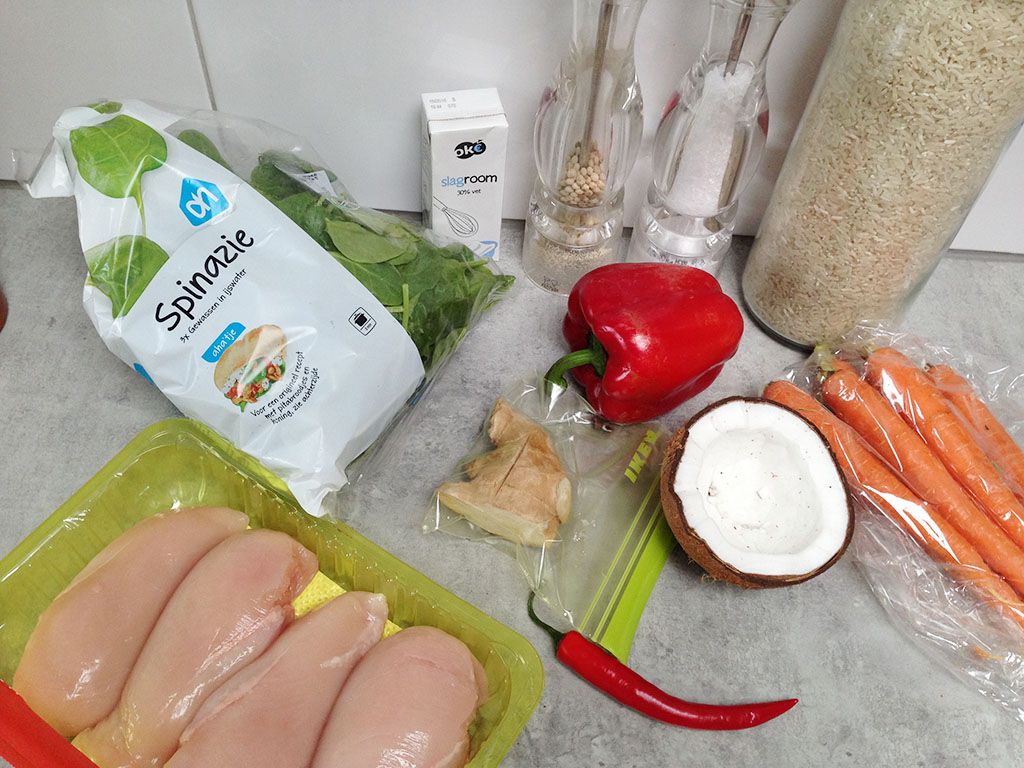 Creamy coconut chicken and rice ingredients