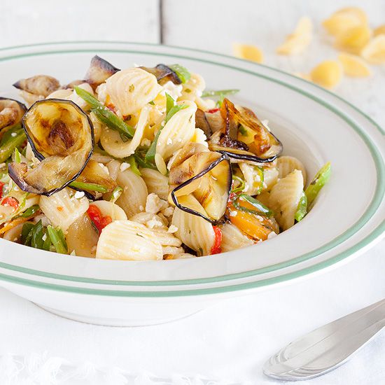 Orecchiette pasta salad with flat beans and spring onions