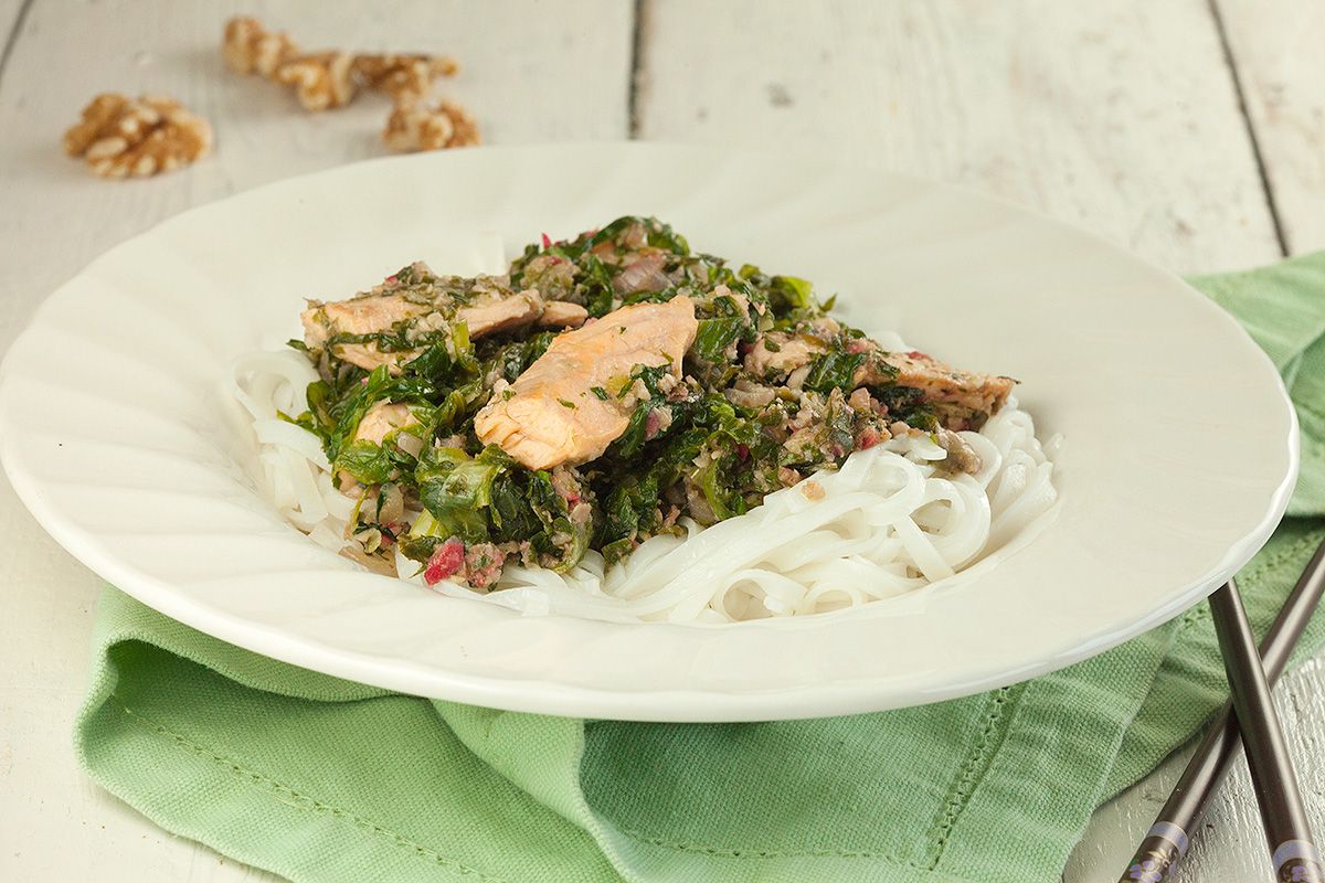 Salmon with escarole and rice noodles