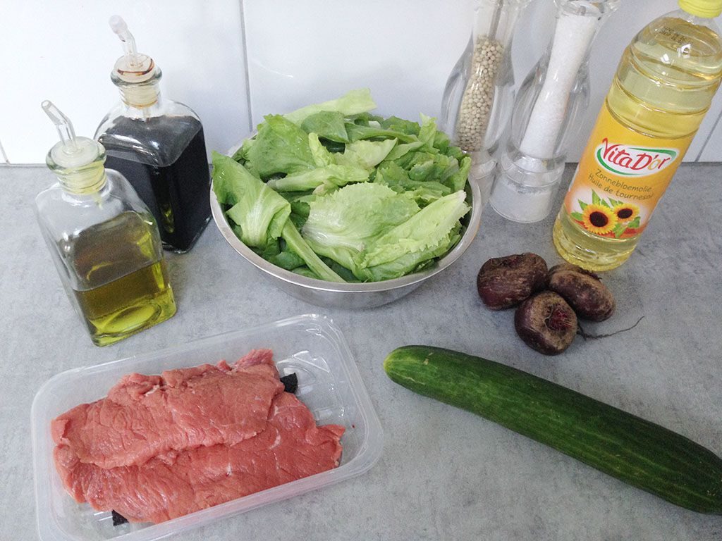 Steak and red beet chips salad ingredients