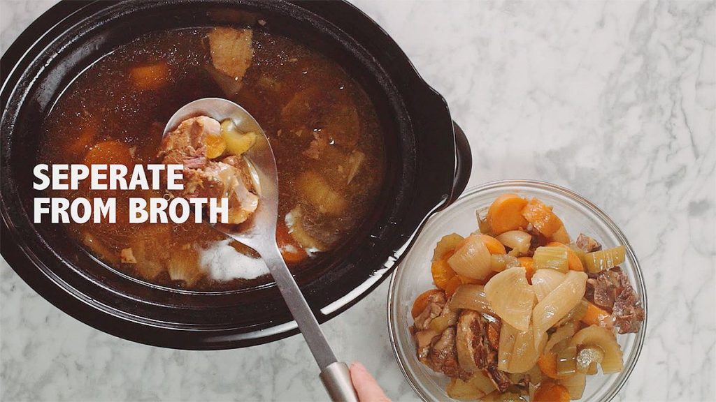 Comforting beef bone broth seperate from broth