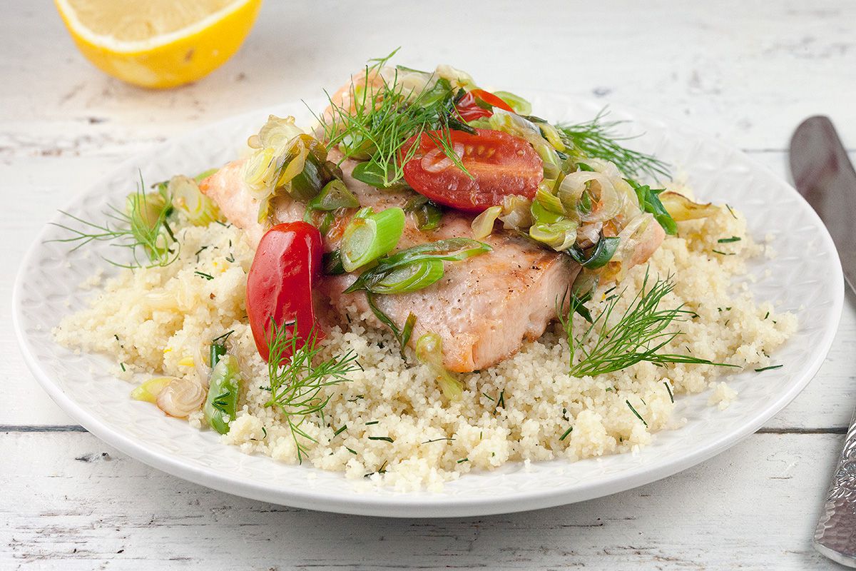 Baked salmon and warm couscous