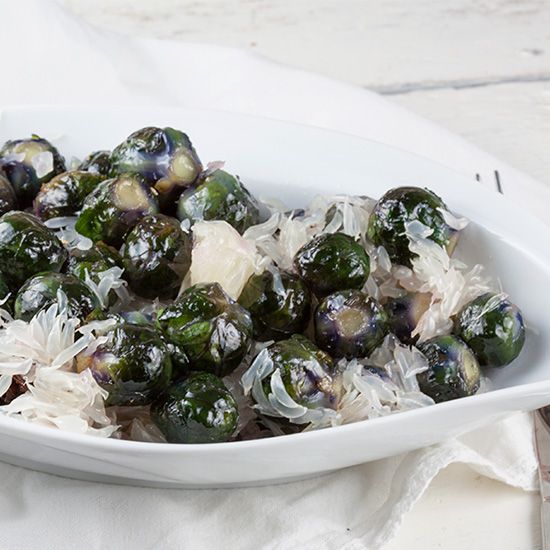 Oven-roasted purple Brussels sprouts and pomelo