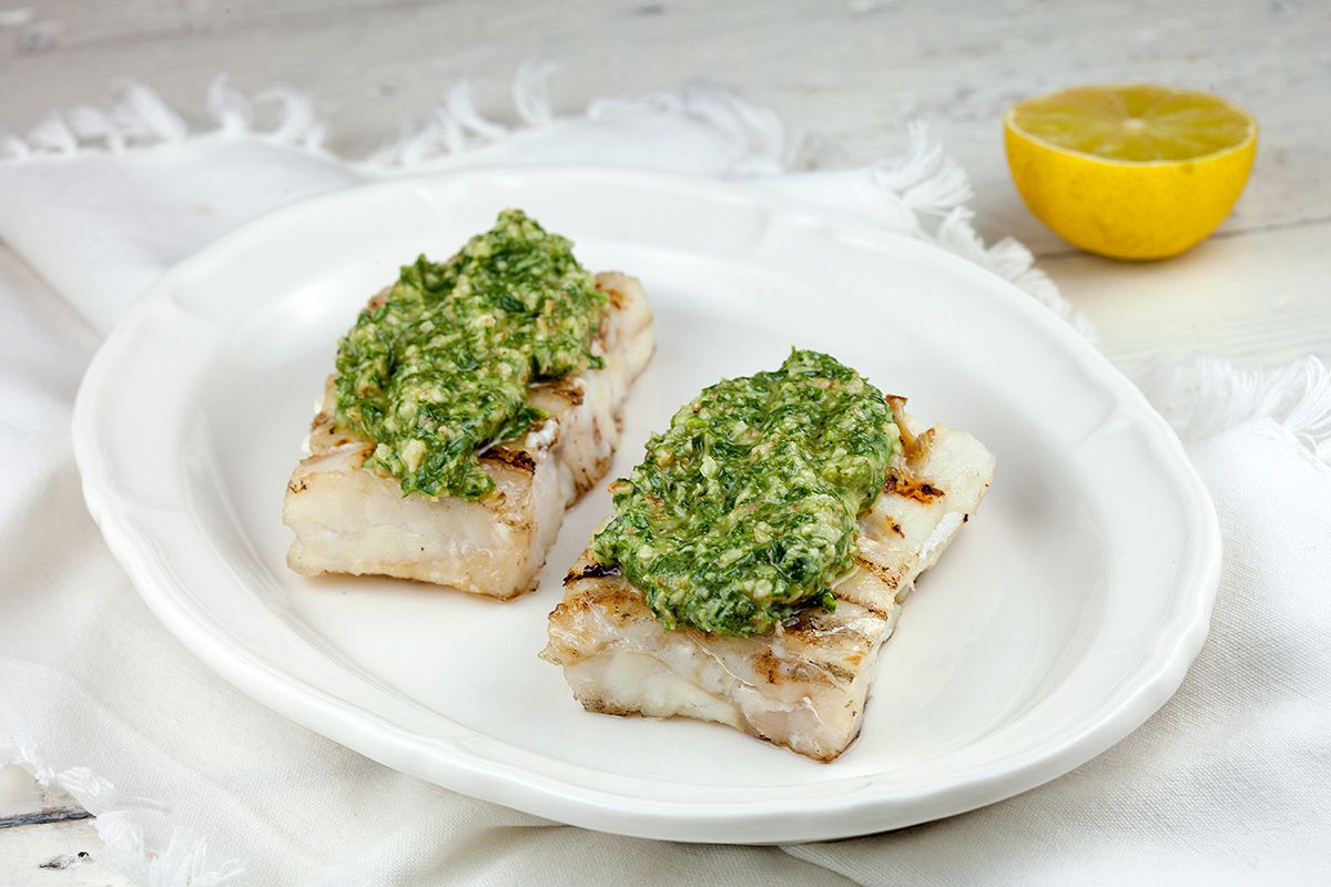 Barbecued cod with walnut pesto