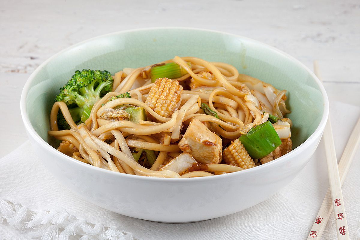 Chicken, noodles and baby corn stir-fry