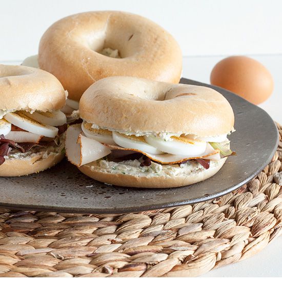 Bagel with cream cheese, egg and smoked turkey