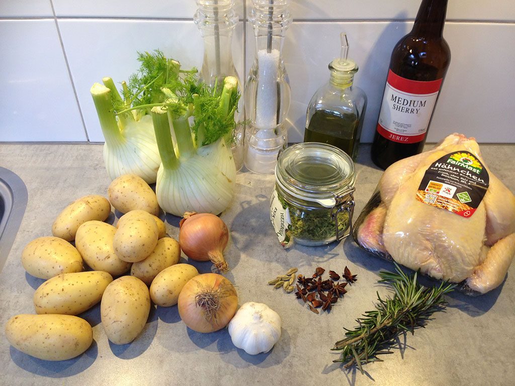 One-pot whole roasted chicken with fennel ingredients