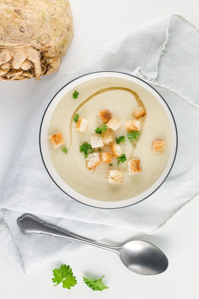 Celery root soup with bacon fat and croutons