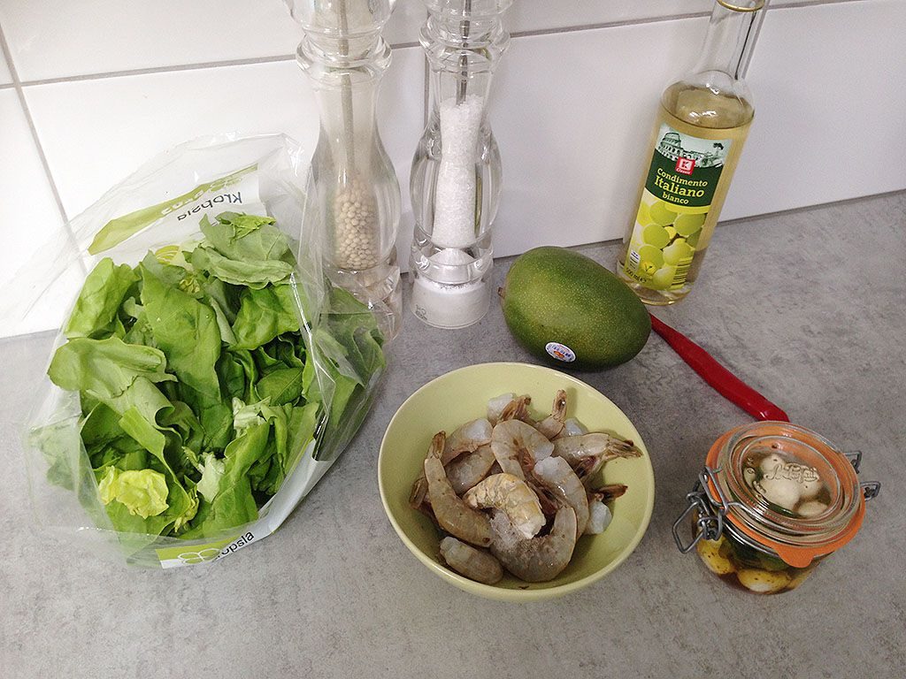 Shrimp salad with mango and mozzarella ingredients