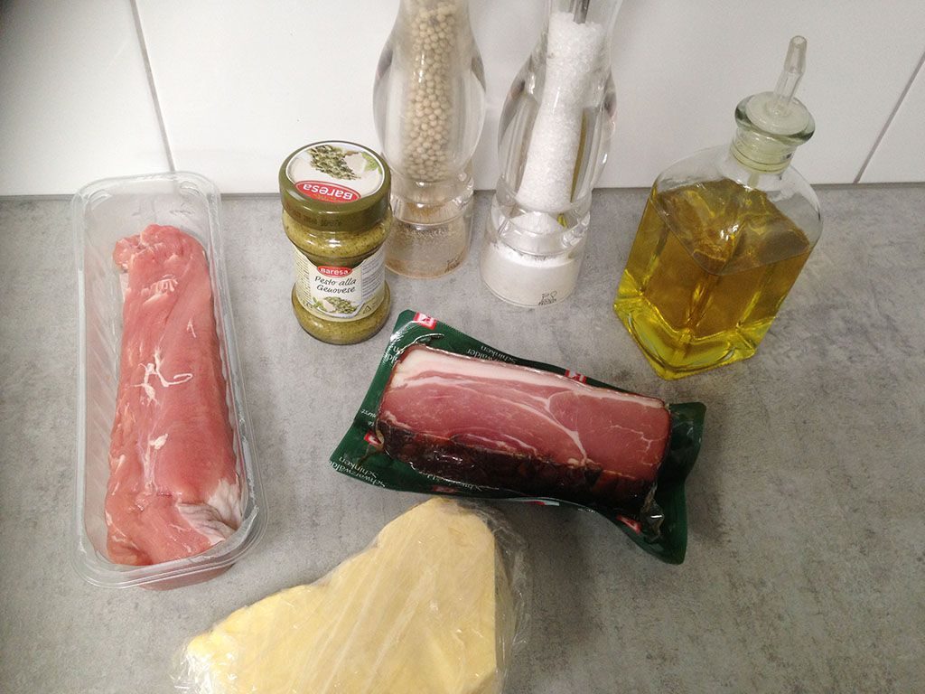 Pork tenderloin with pesto and schwarzwalder schinken ingredients