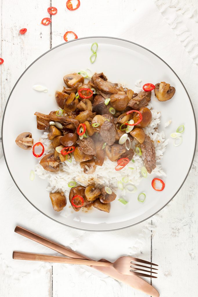 Rice with mushrooms, beef and soy sauce