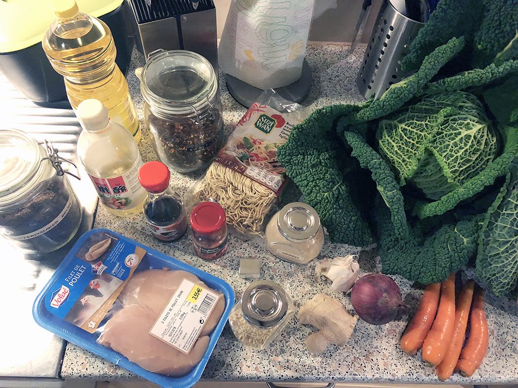 Chicken and savoy cabbage stir-fry ingredients