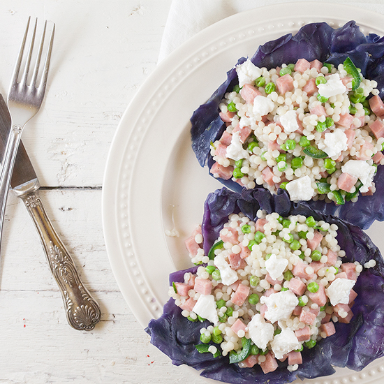 Red cabbage bowl with pearl couscous and goat's cheese