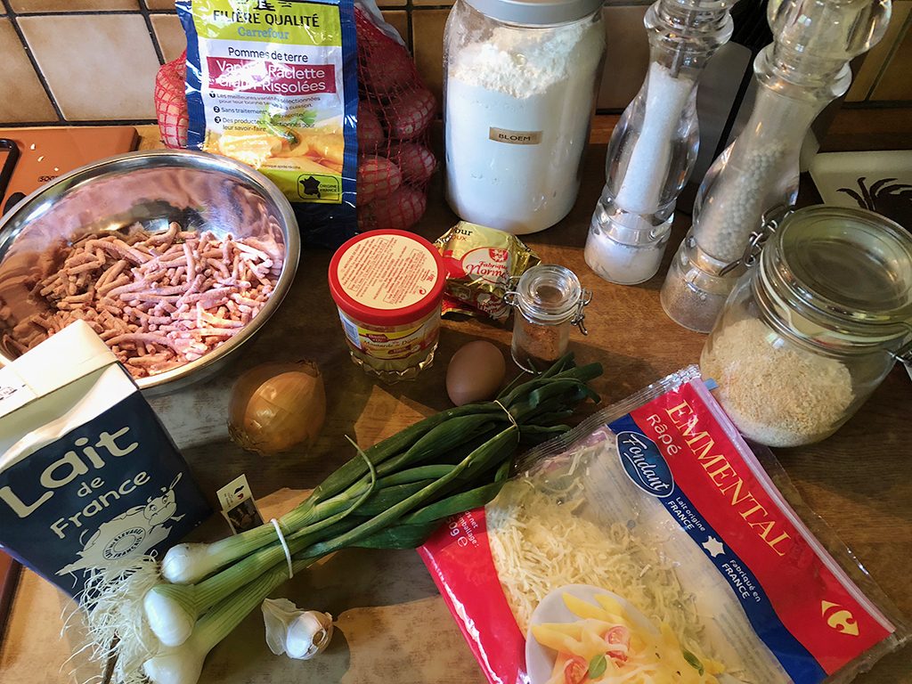 Oven baked meatballs, potatoes and bechamel sauce ingredients